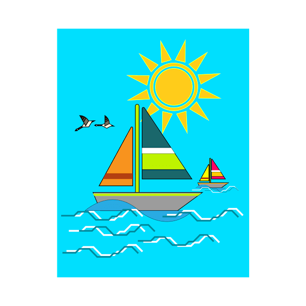 Boat Sea Sun Bird by Grafititee