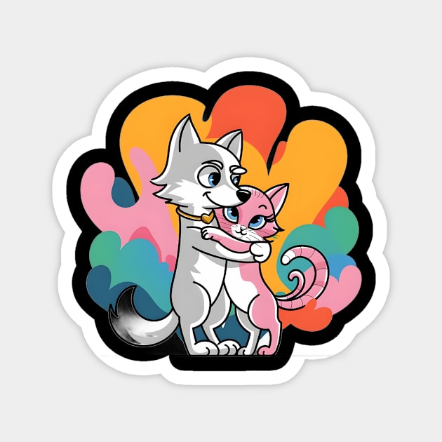 Grey Wolf hugging a Pink Cat, Both with Happy Expressions Magnet by animegirlnft
