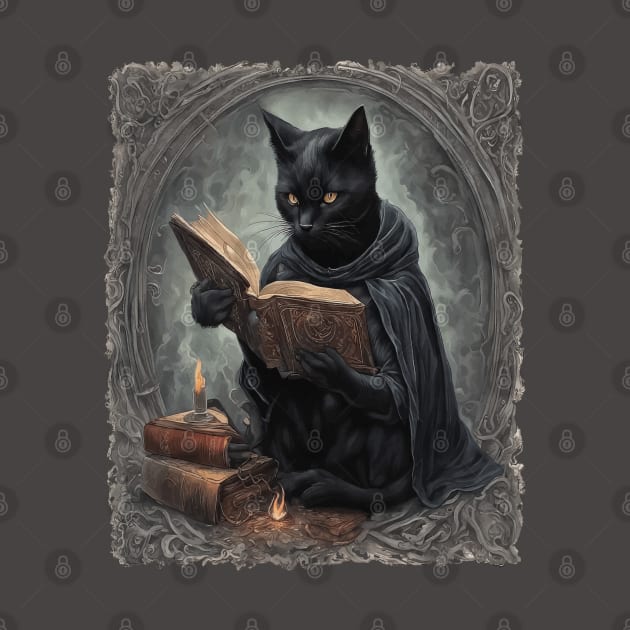 A Black Cat Wearing A Cloak Studying Halloween Spells by taiche