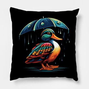 Mandarin Duck Rainy Day With Umbrella Pillow