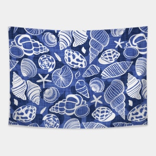 Sea treasures // pattern // electric blue faux texture background catalina blue shadows white delineated seashells Tapestry