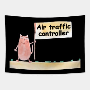 Air traffic controller. Profession, work, job. Cat shows a banner with the inscription. Watercolor illustration. A gift for a professional. Tapestry