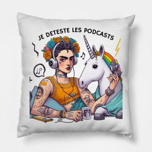 Logo du podcast "Je déteste les podcasts" avec Frida et sa licorne Pillow