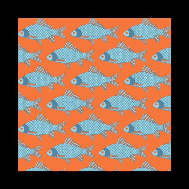 Blue and Orange Tropical Fish Shoal Pattern by Rhubarb Myrtle