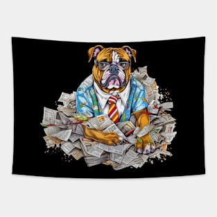Accountant English Bulldog t-shirt design, a bulldog wearing glasses and holding a calculator Tapestry
