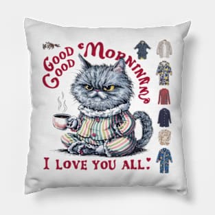 Print design of a cute Persian cat, wearing cozy pajamas and holding a steaming cup of coffee.3 Pillow