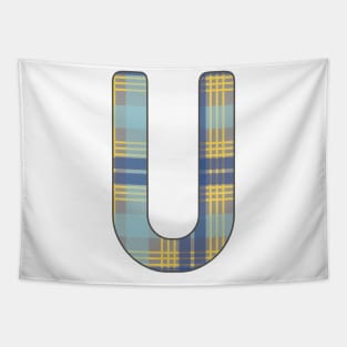 Monogram Letter U, Blue, Yellow and Grey Scottish Tartan Style Typography Design Tapestry