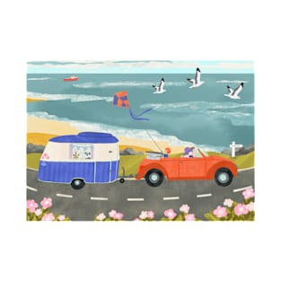 Family Road Trip in a Vintage Car and Caravan T-Shirt