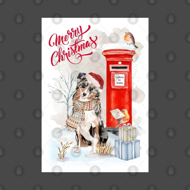 Australian Shepherd Dog Merry Christmas Santa Dog by Puppy Eyes