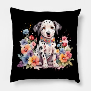 A baby dalmatian decorated with beautiful watercolor flowers Pillow