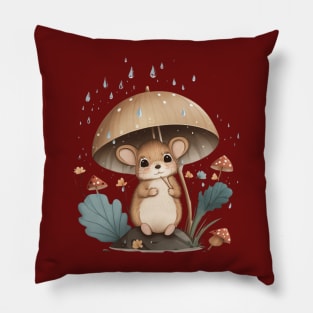 Cute Mouse Under a Mushroom in the Rain Pillow