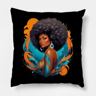 Black Woman Retro vintage psychedelic 80s disco tattoo design Pillow