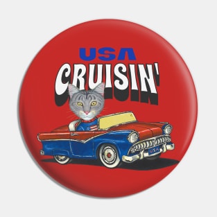 Humorous funny and cute gray tabby kitty cat cruisin' the USA with a vintage classic retro car tee Pin