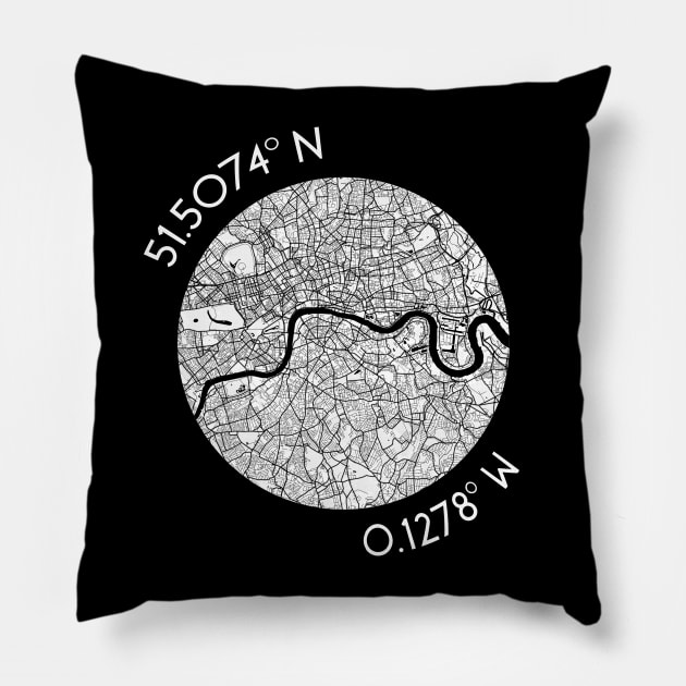 London Coordinates (latitude and longitude) in white text around map of London Pillow by AtlasMirabilis