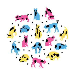 Retro pattern with cartoony cats and polka dots in cmyk over white T-Shirt