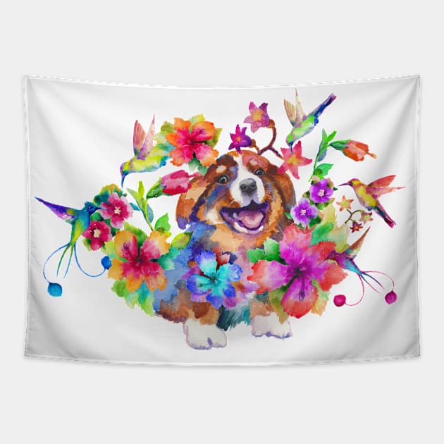 Corgi pup in flowers Tapestry by AgniArt