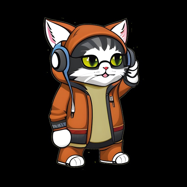 Paws & Playlists: Stylish Cat with Jacket and Headphones by ImaginativeInkPOD