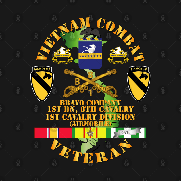 Disover Vietnam Combat Cavalry Veteran w Bravo - 1st Bn 8th Cav COA - 1st Cav Div SSI - Company - T-Shirt