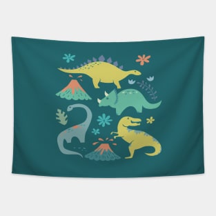 Kawaii Dinosaur in Teal, Yellow, Coral Tapestry