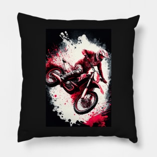 Dirt Bike With Red and Black Paint Splash Design Pillow