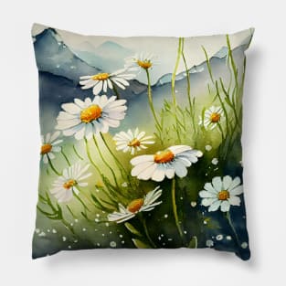 A Field of Daisies Watercolor on a Bright Sunny Spring Day Pillow