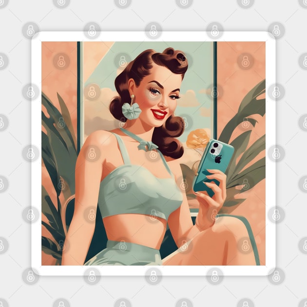 Beachy Summer Vintage Selfie Phone Pin Up Girl Magnet by di-age7