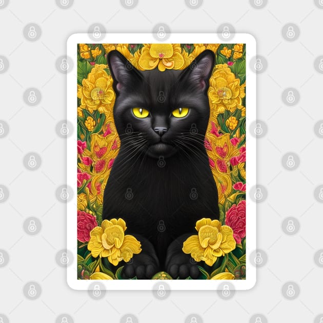 Majestic Floral Black Cat Magnet by The WYLD Tribe