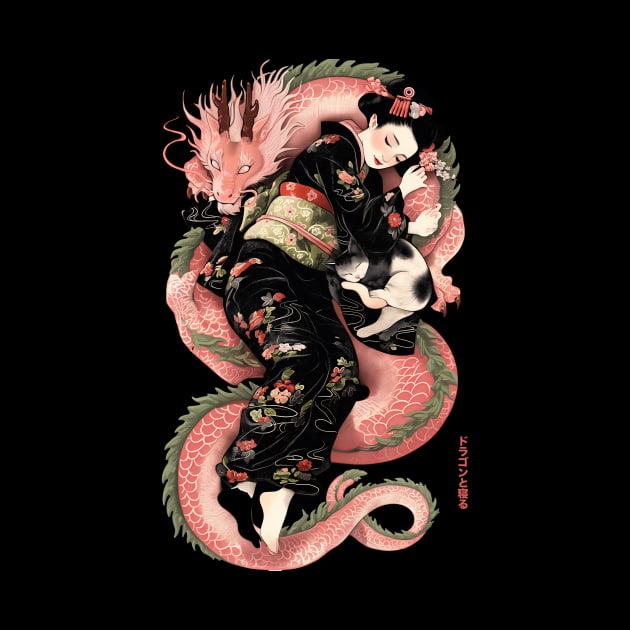 Japanese Girl With Dragon and Cats 2 T-Shirt 08 by ToddT