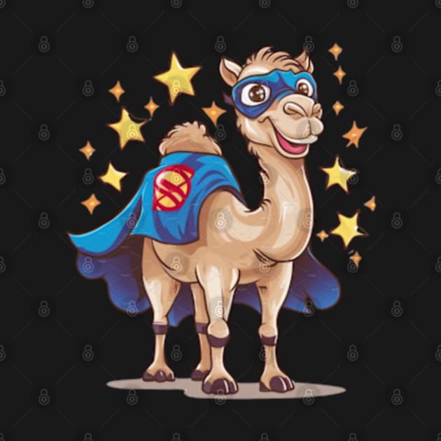 Creative and humorous vector print of a Bactrian camel, wearing a superhero cape and mask, standing confidently with a cheerful smile. (3) by YolandaRoberts