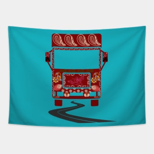 Red truck art motif illustration with paisley design pattern Tapestry