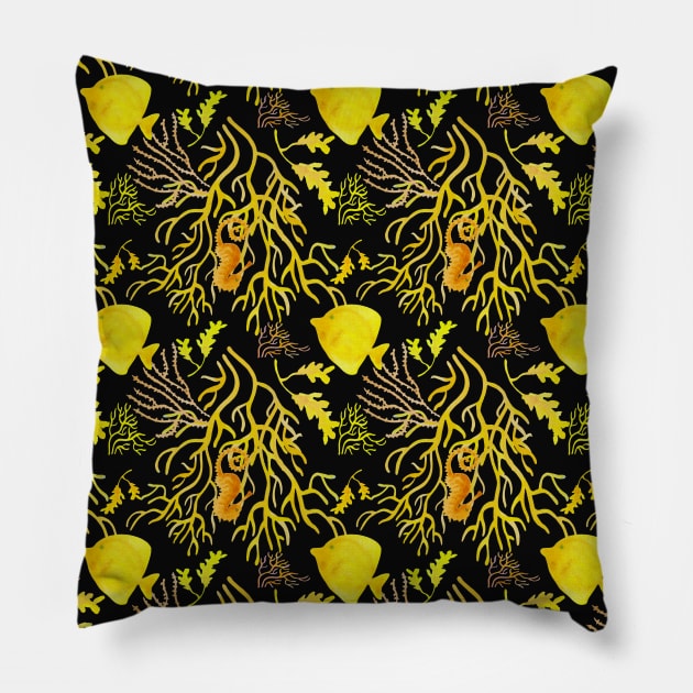 Yellow fish pattern black Pillow by AgniArt