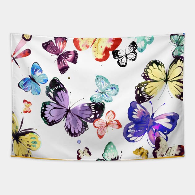 Pocket - WATERCOLOR BUTTERFLIES MULTI WHITE Tapestry by ninoladesign