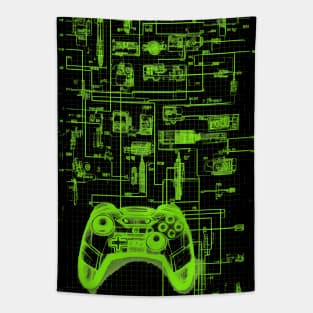 Neon Green Video Game Controller Blueprint Tapestry