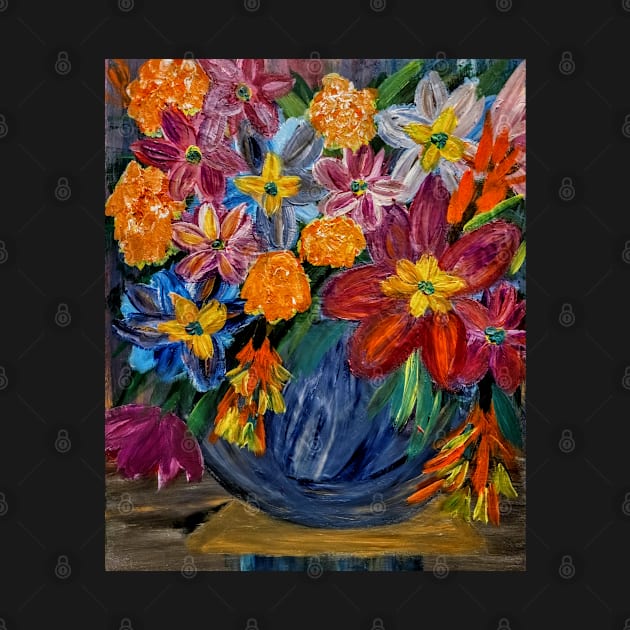 abstract vibrant colorful flowers in a glass vase with gold accent on base and top of vase by kkartwork