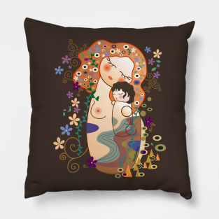 Mothers Day Pillow - Kokeshis Mother and child of Klimt by Pendientera
