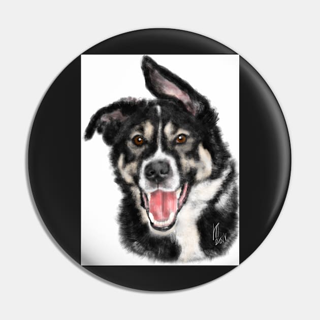 Smiling Happy Black and White Dog Pin by LITDigitalArt