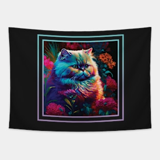 Delicate Persian Cat Vibrant Tropical Flower Digital Oil Painting Portrait Tapestry