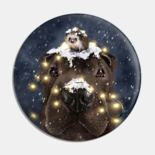 Shar Pei with a hedgehog in the snow Pin