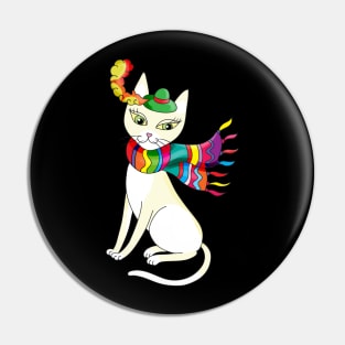 white decorative cat with a scarf and a hat Pin