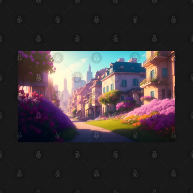 City street with beautiful flowers by WODEXZ