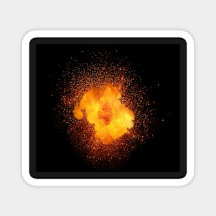 Realistic fiery explosion, orange color with sparks isolated on black background Magnet