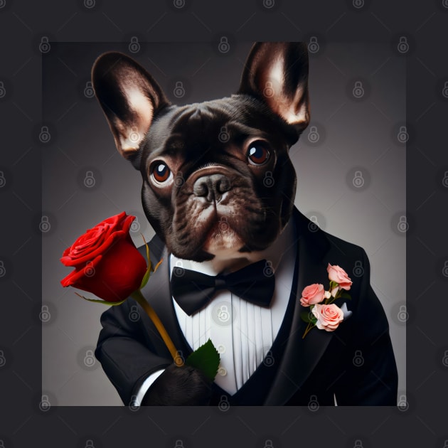 French bulldog in a tuxedo suit and tie with red rose by nicecorgi