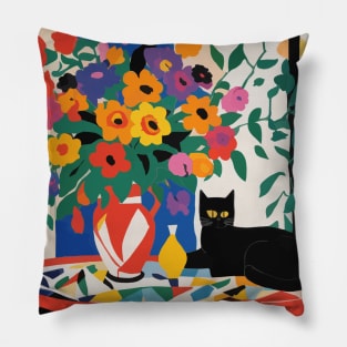 Black Cat Modern Still Life Painting Flowers in Red and White Geometric Vase Pillow