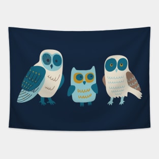 Trio of Owls - Teal, aqua and mustard Tapestry