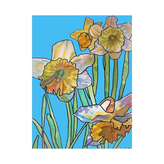 Abstract Yellow Daffodil Watercolor Pattern on Light Blue by SarahRajkotwala