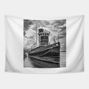 Tugboat Hercules and Storm Clouds B+W Tapestry