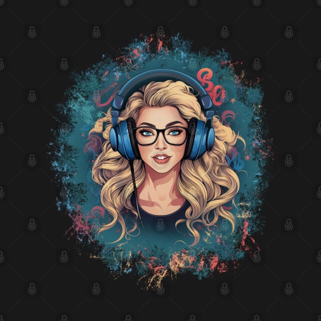 Illustration - Stylish Blonde Lady Immersed in Music, Enjoying the Beats with Headphones in a Chic Design Setting. by Art KateDav