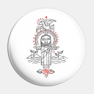 Jesus Christ with open arms and symbols illustration Pin