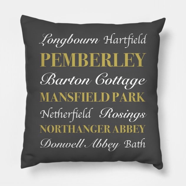 Jane Austen Locations_dark Pillow by LoveLiterature