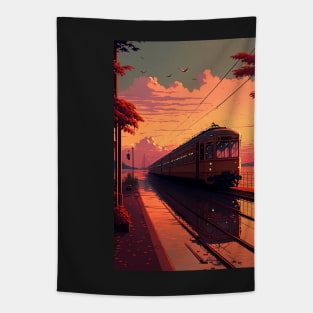 Retro Anime Style Old Japanese Train Tapestry